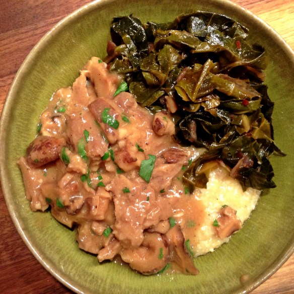 Grits with Shiitake Seitan Gravy and Braised Collards
