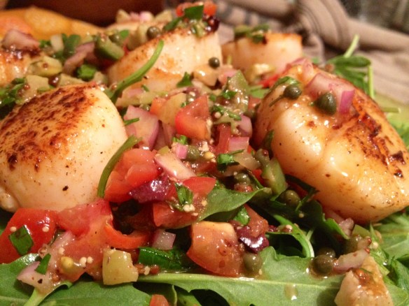 Scallops, Arugula and Tomato Olive Vinaigrette