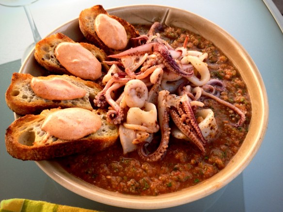 Gazpacho Calamari Paprika Aoili Crostini