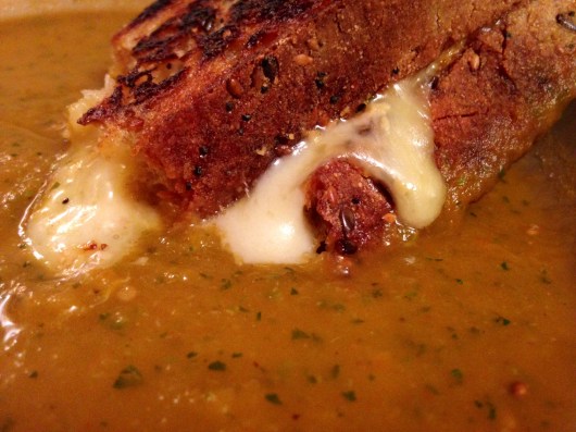 Roasted Eggplant and Tomato Soup with Grilled Cheese
