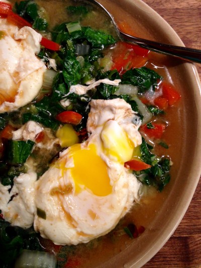 Miso-Poached Eggs with Bok Choy and Tatsoi